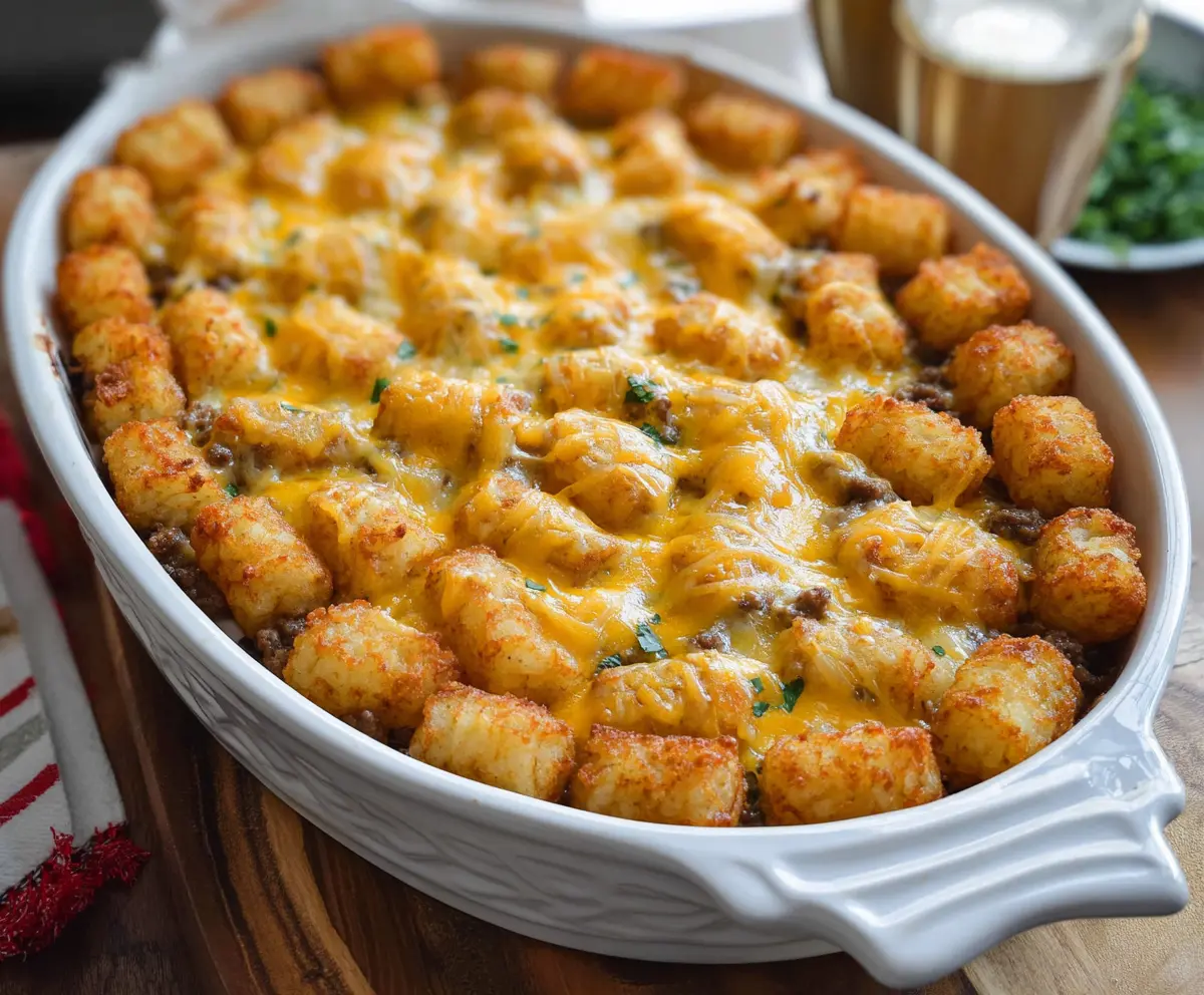 Delicious Sausage Gravy Breakfast Tater Tot Casserole with golden crisp tater tots and savory sausage topping