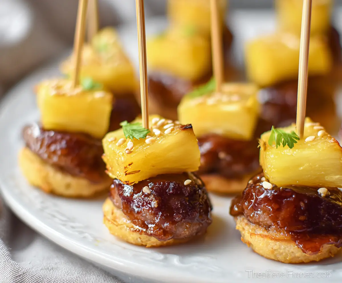 Delicious sausage and pineapple bites on a serving plate, perfect for party appetizers.