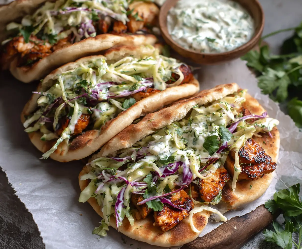 Delicious sheet pan chicken pitas topped with fresh herb ranch slaw on a white plate.