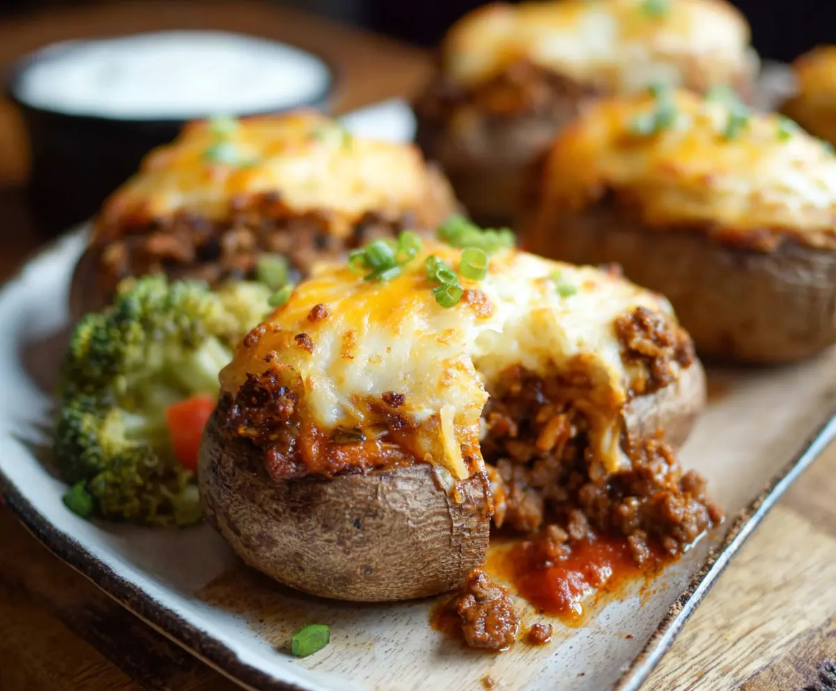 Delicious Shepherd's Pie Baked Potatoes topped with fluffy mashed potatoes and savory meat filling.