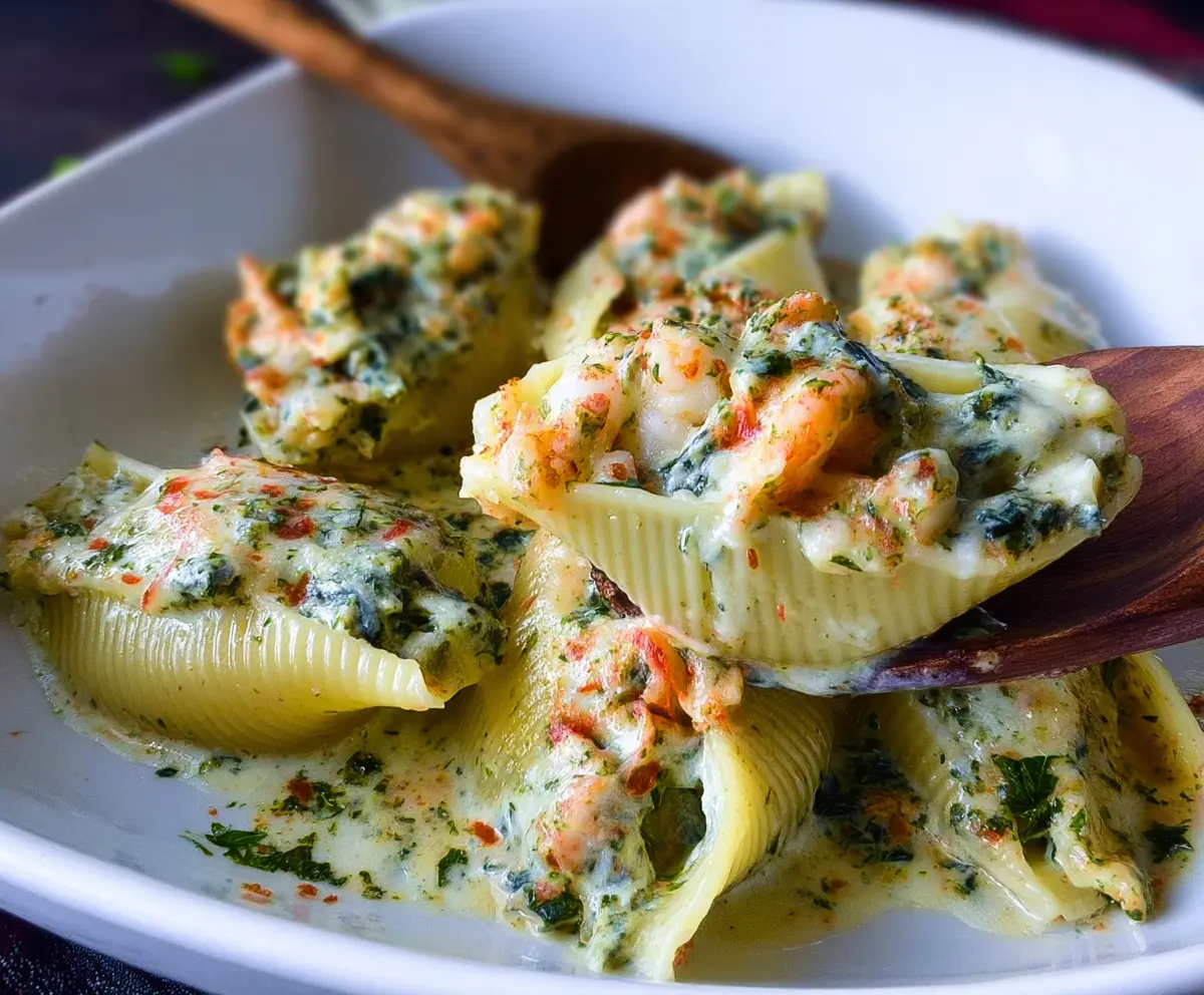 Delicious shrimp and spinach stuffed pasta shells fresh out of the oven, showcasing a colorful and flavorful seafood and vegetable filling.