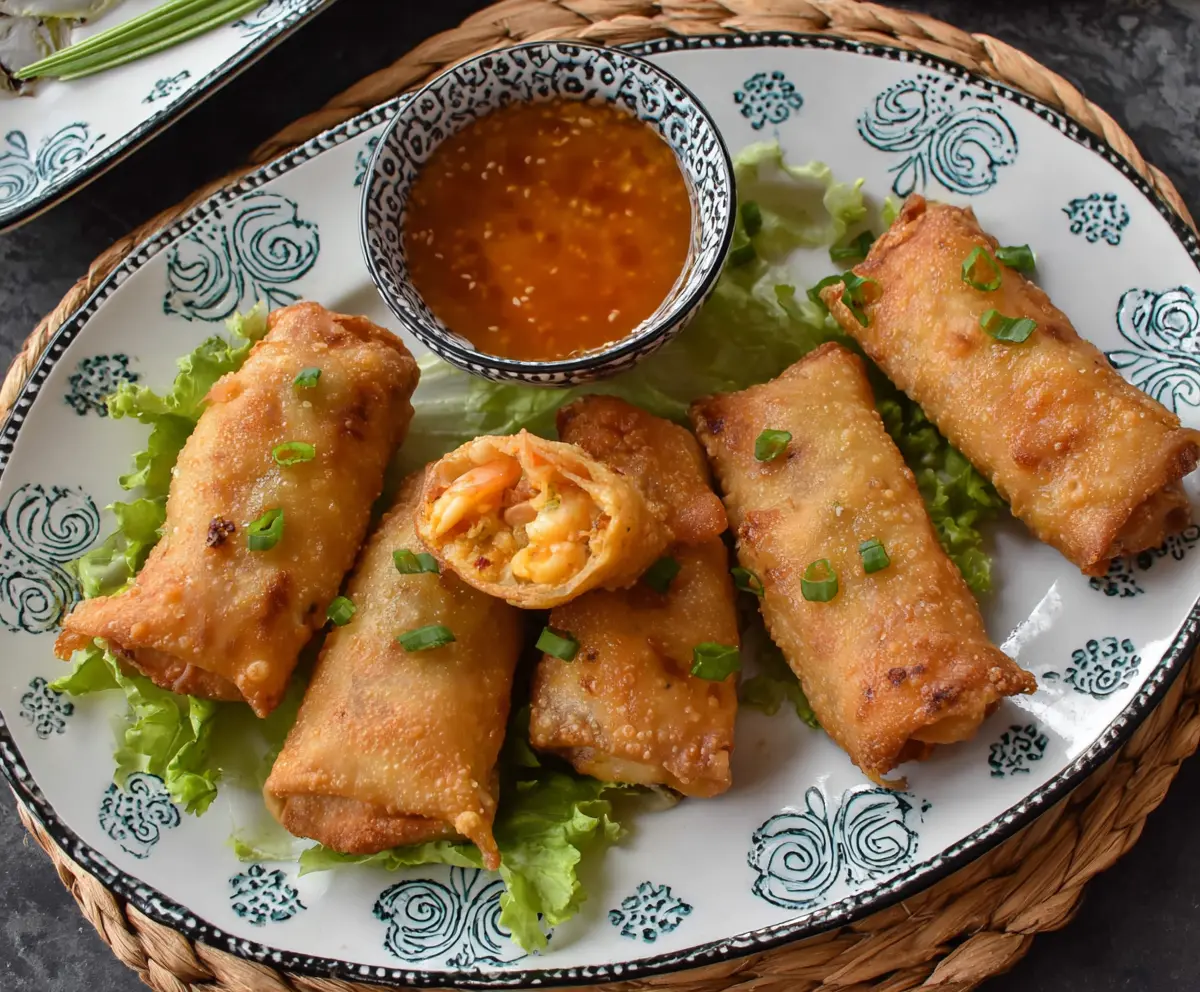 Crispy shrimp egg rolls served with sweet dipping sauce on a white plate.