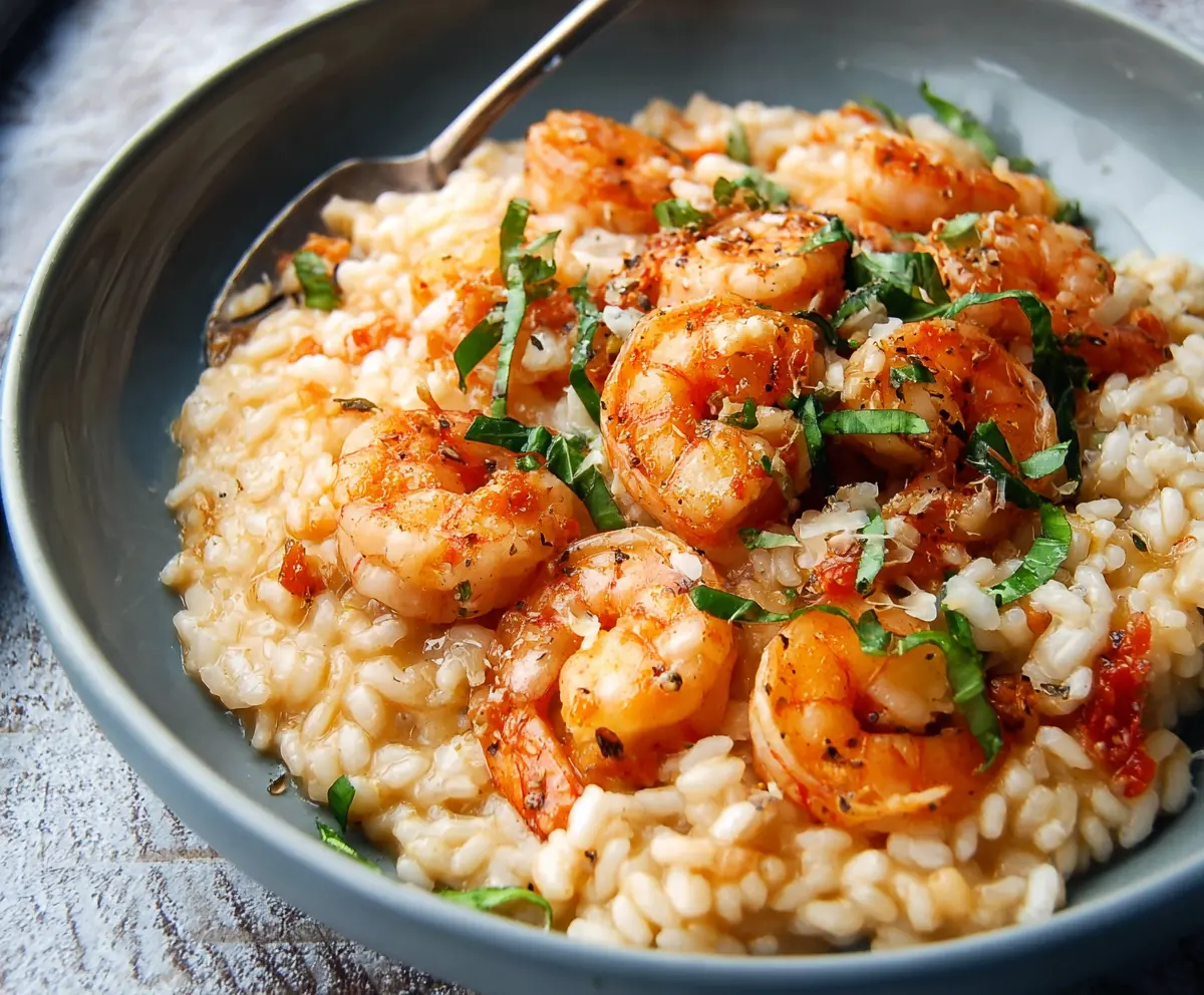 Creamy shrimp risotto garnished with fresh herbs and lemon for a delicious seafood meal