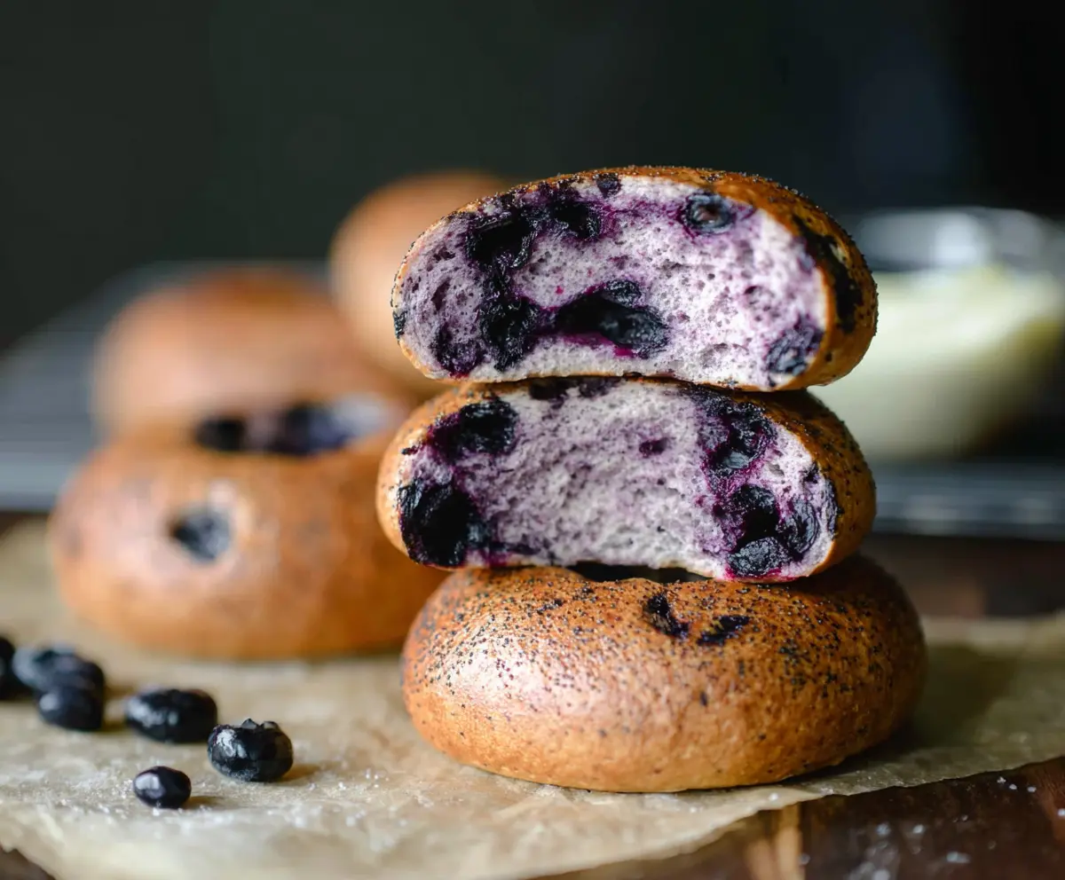 Delicious homemade sourdough blueberry bagels on a baking tray.