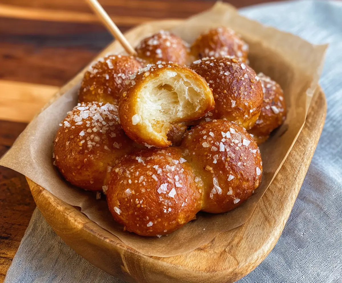 Golden brown sourdough discard pretzel bites on a rustic wooden board, garnished with coarse salt.