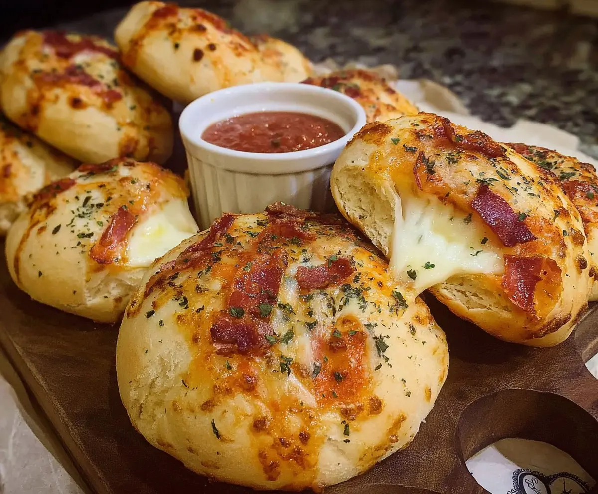 Delicious sourdough pizza bombs filled with melted cheese and toppings, perfect for snack or appetizer.