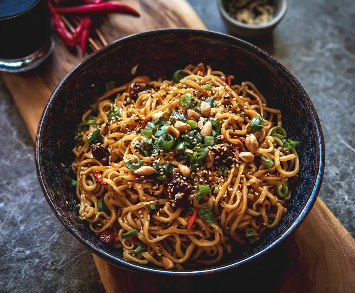 Delicious spicy sesame noodles garnished with green onions and sesame seeds on a stylish plate.