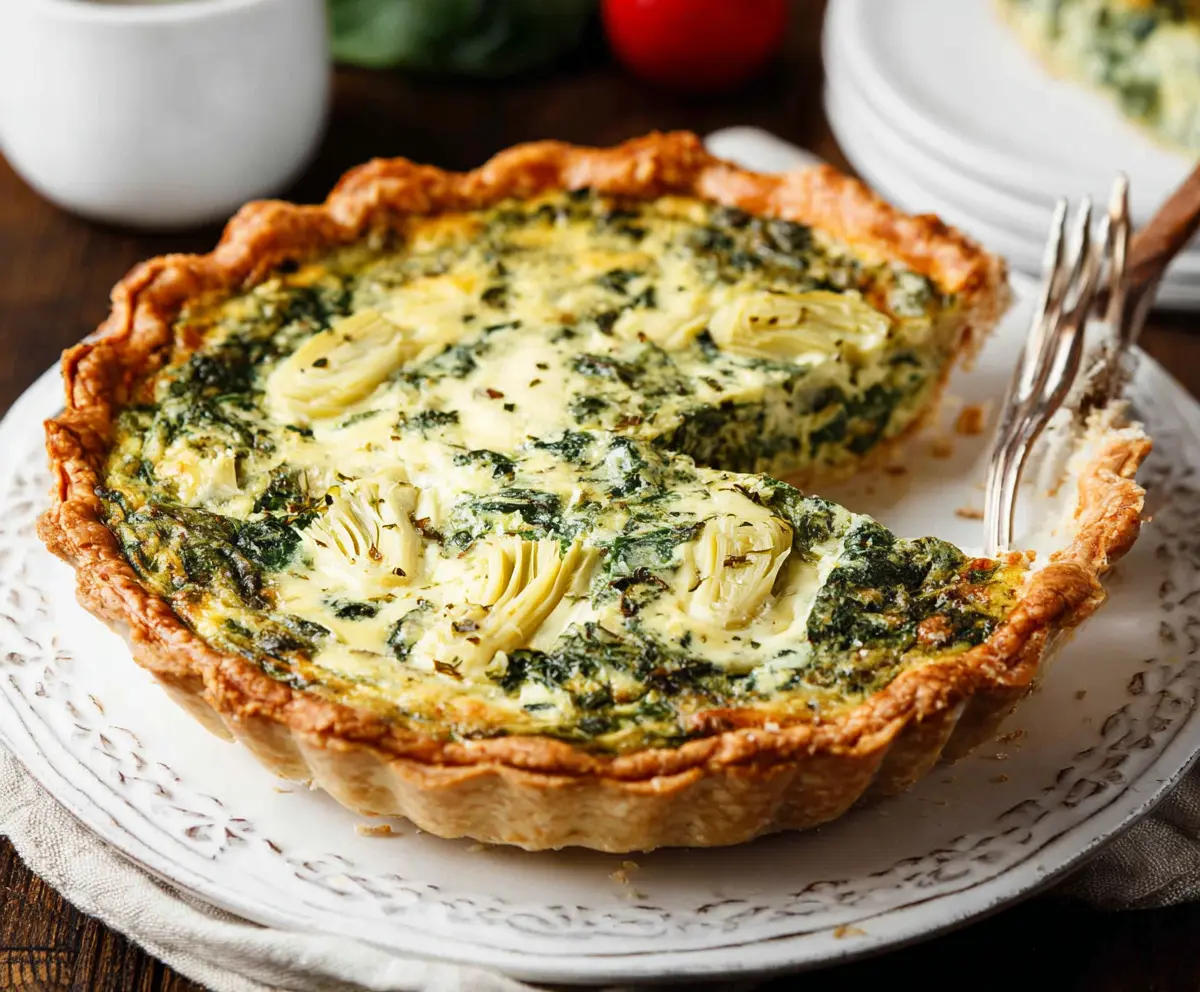 Delicious Spinach Artichoke Quiche with a golden crust and creamy filling, perfect for brunch.