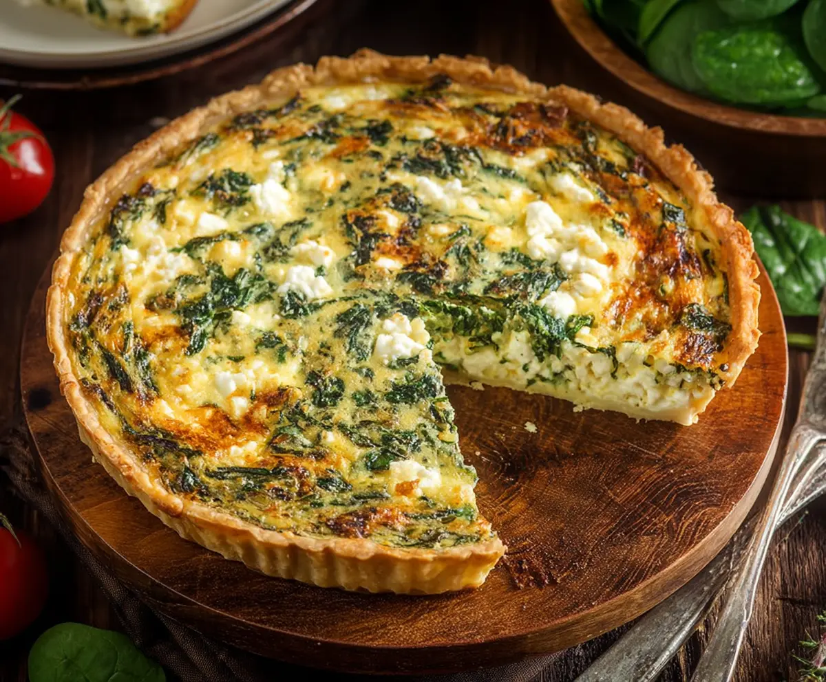 Delicious Spinach Feta Quiche with a golden crust and fresh greens.