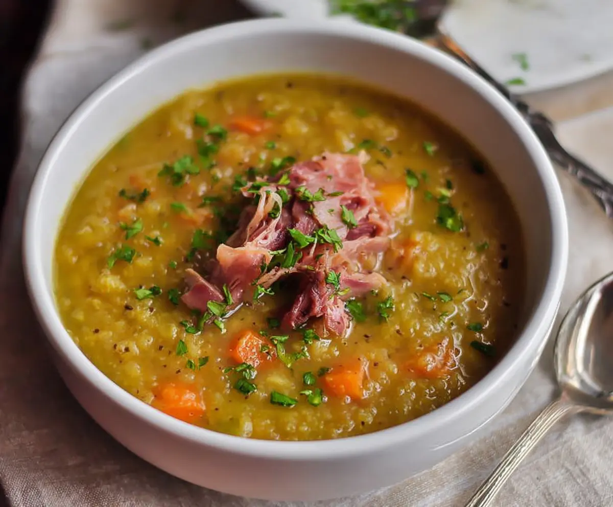 A bowl of hearty split pea soup with a ham bone and fresh herbs for flavor.
