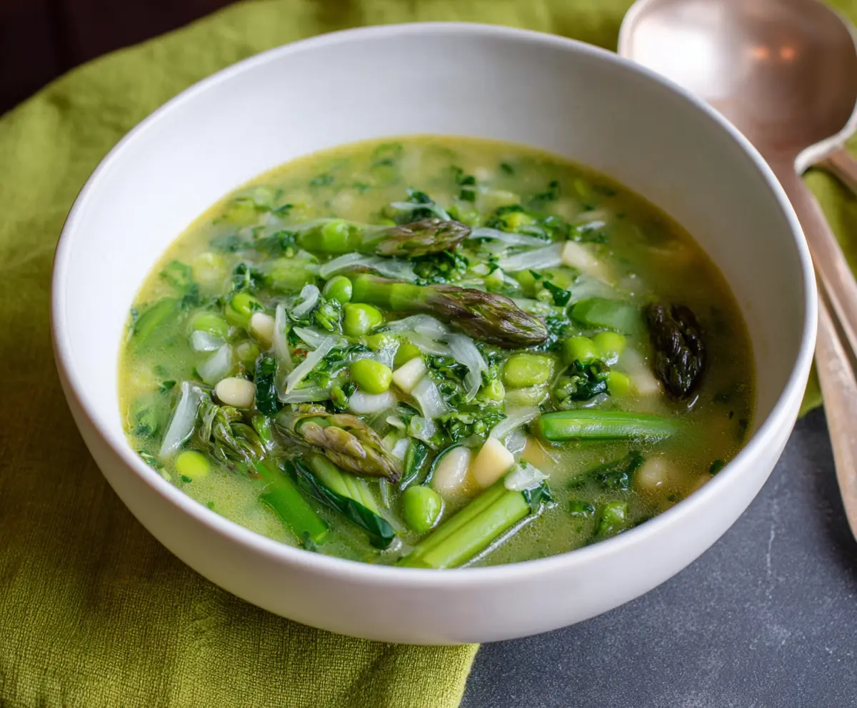 Fresh Spring Green Minestrone Soup in a bowl garnished with herbs and vegetables