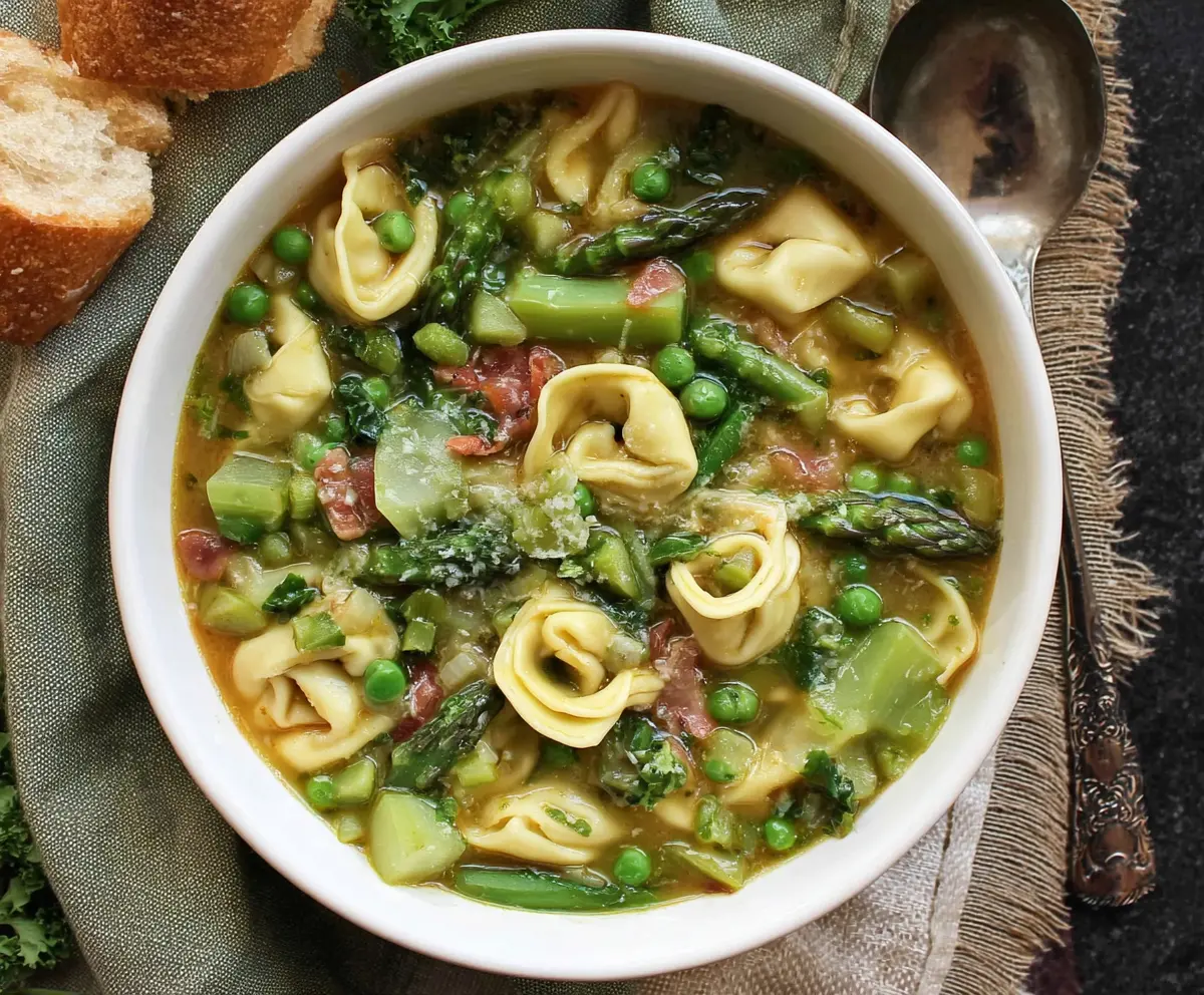 A bowl of spring tortellini soup with green peas and tender asparagus, perfect for a light and fresh meal.