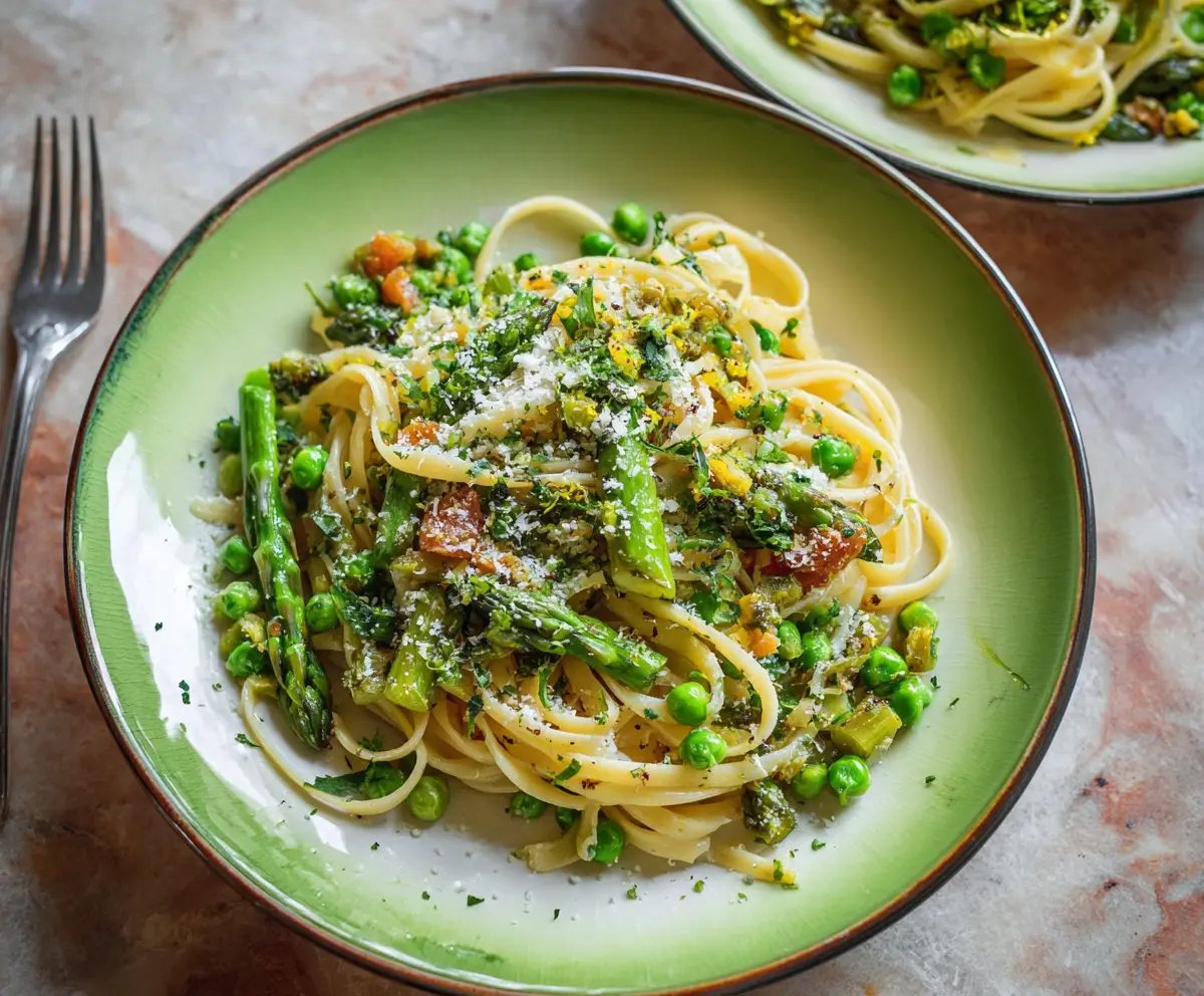 Colorful spring vegetable pasta with fresh asparagus, cherry tomatoes, and zucchini on a white plate.