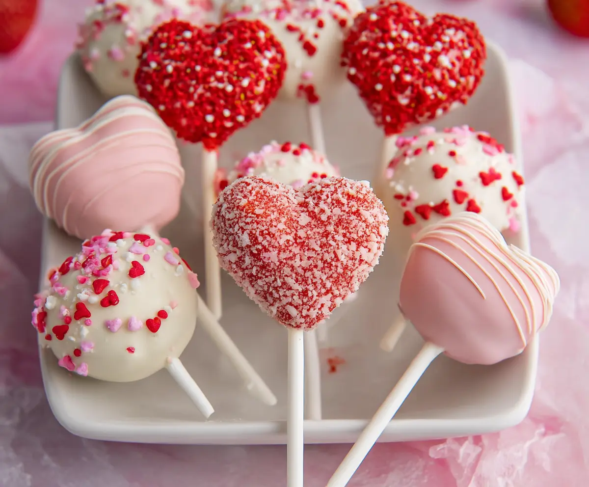 Delicious strawberry heart-shaped cake pops decorated with pink icing for Valentine's Day.