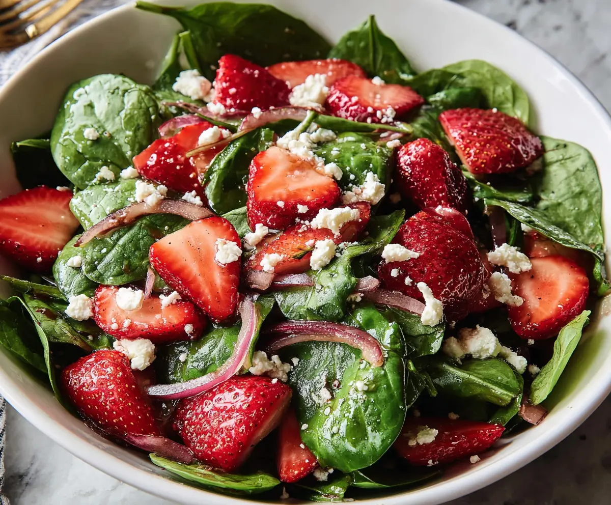 Fresh strawberry spinach salad with feta cheese and walnuts, healthy summer recipe.