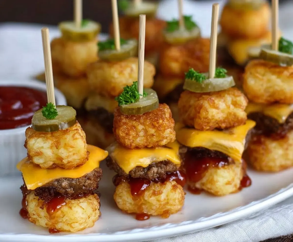 Delicious Tater Tot Mini Cheeseburger Bites served on a platter, perfect for appetizers and parties.