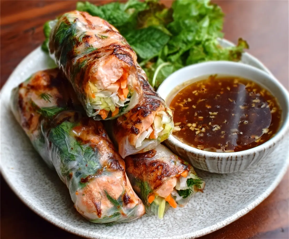 Vietnamese Baked Salmon Spring Rolls with fresh herbs and rice paper, served on a white plate.