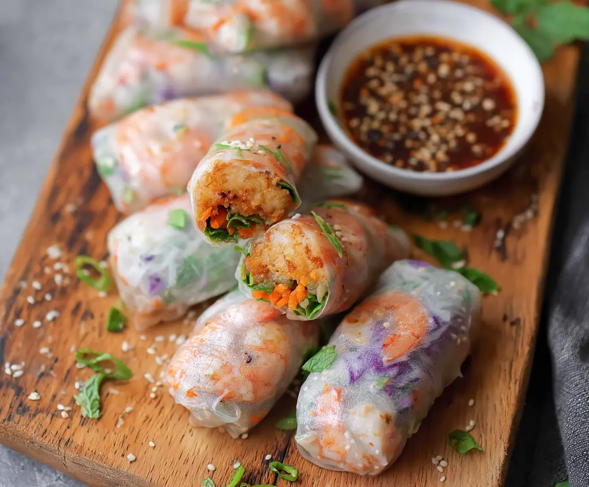 Delicious air fryer shrimp rice paper rolls served with fresh herbs and dipping sauce.