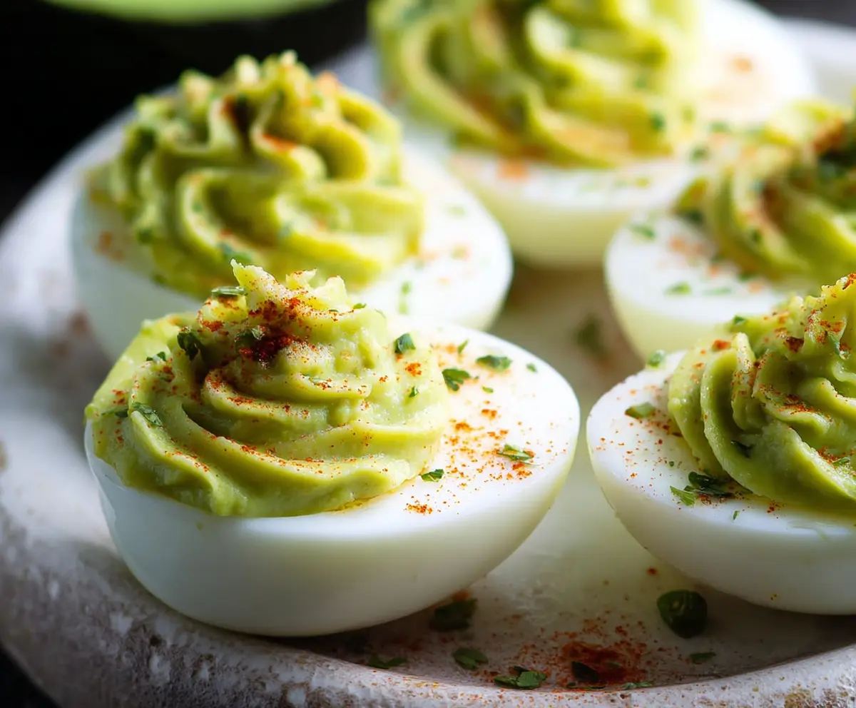 Delicious avocado deviled eggs garnished with fresh herbs on a white plate