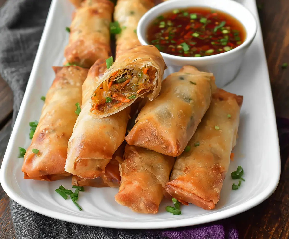 Crispy baked Chinese vegetable spring rolls with fresh veggies and golden crust on a plate
