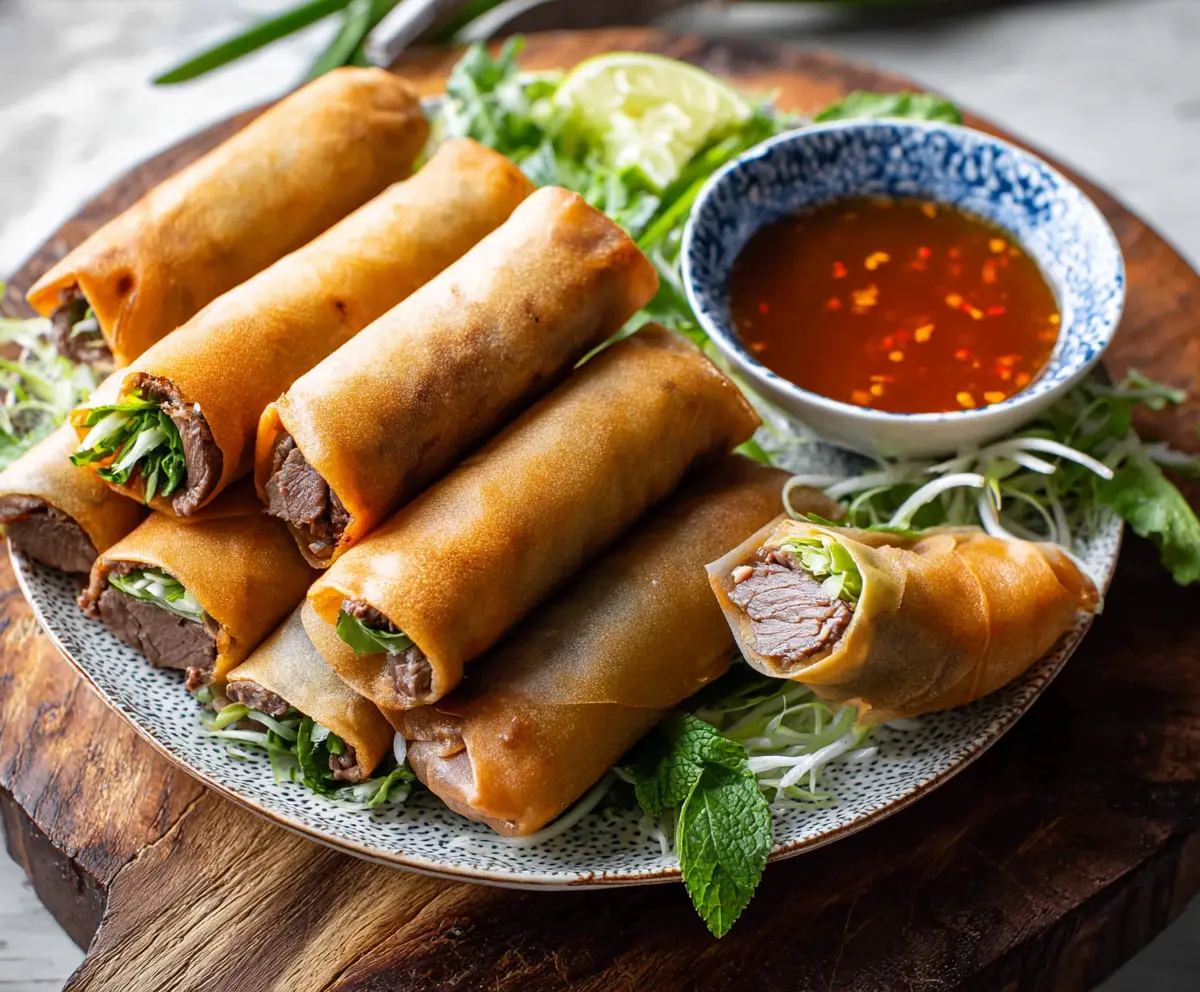 Delicious beef spring rolls with fresh vegetables and crispy wrapper on a white plate.