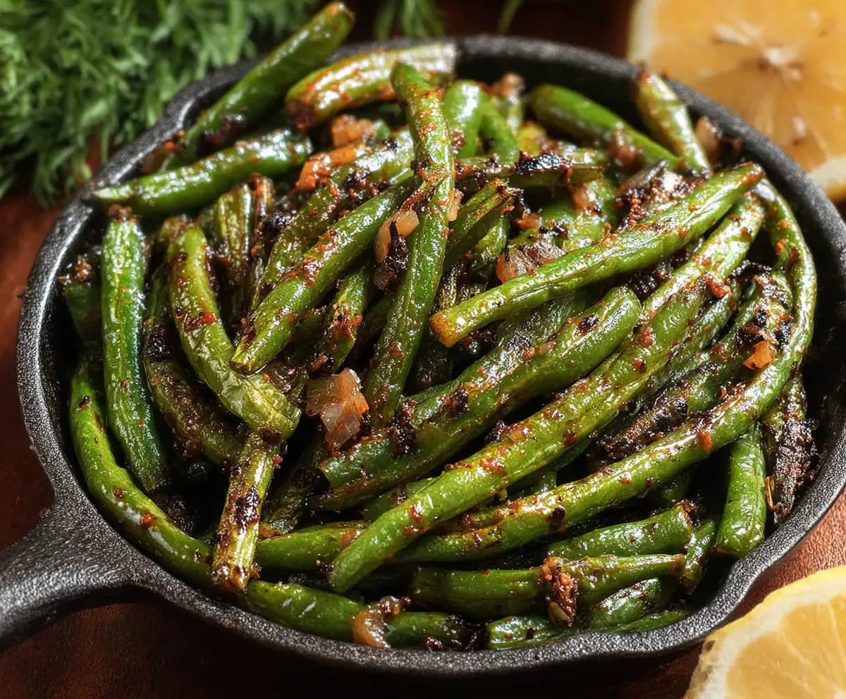 Delicious blackened green beans seasoned with spices, served as a savory side dish.