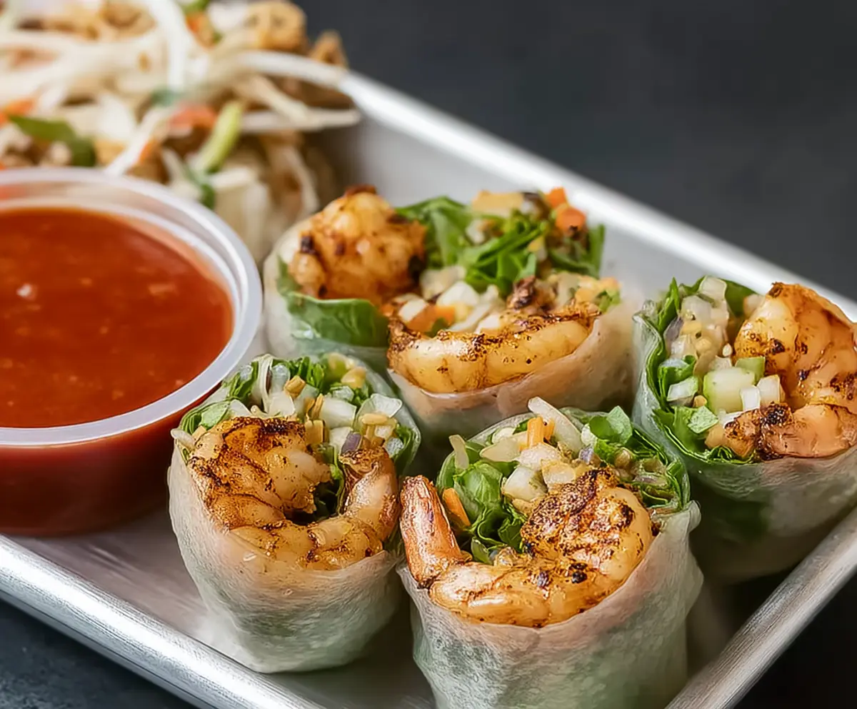 Delicious blackened shrimp spring rolls with fresh vegetables and rice paper wraps