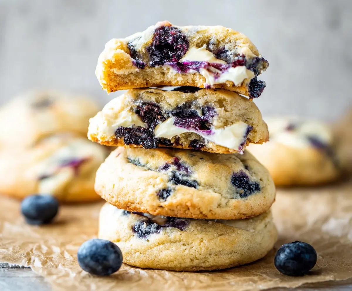 Delicious blueberry cheesecake cookies with a creamy filling and fresh blueberries on top.