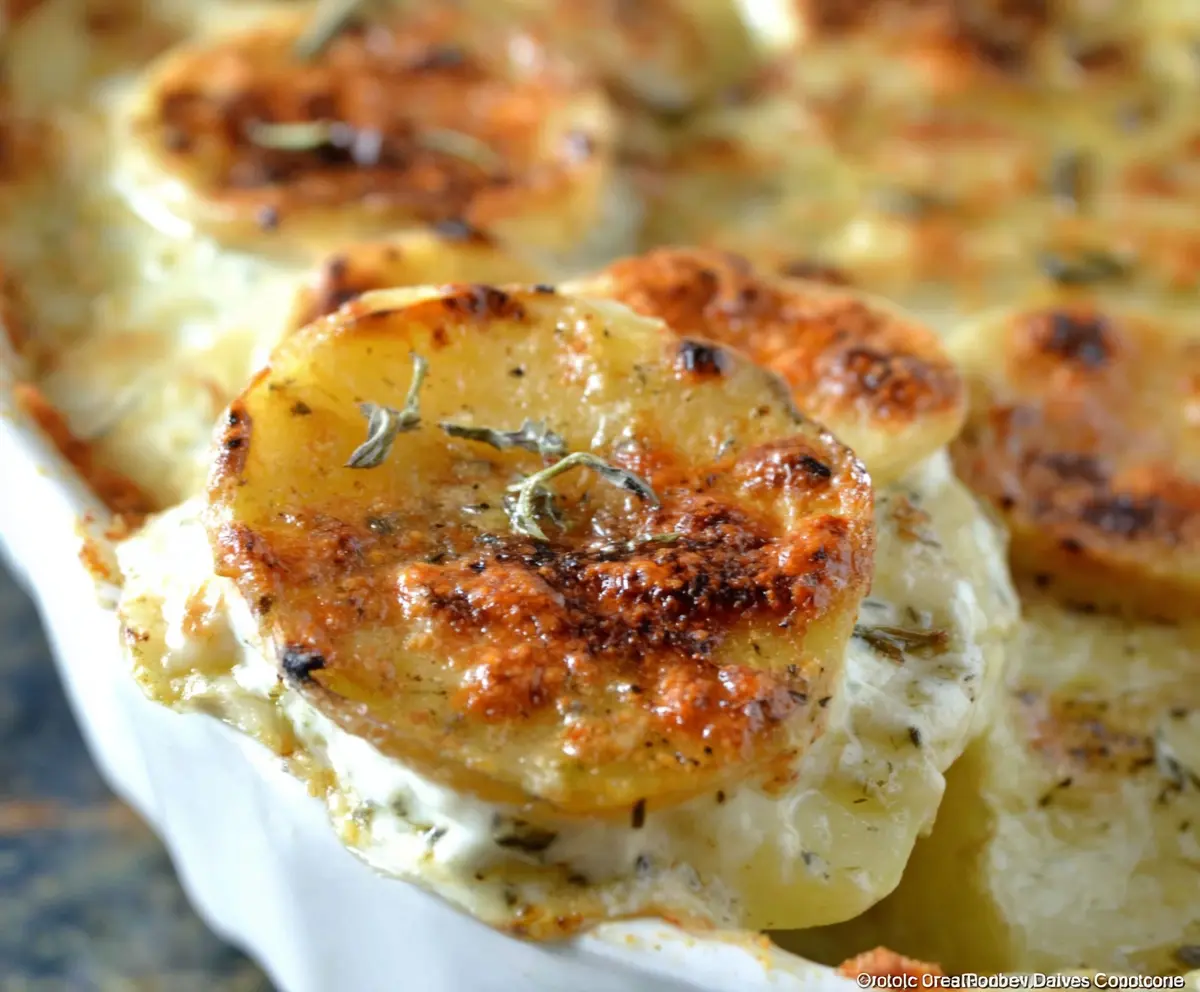 Creamy Boursin cheese scalloped potatoes in a baking dish, garnished with herbs