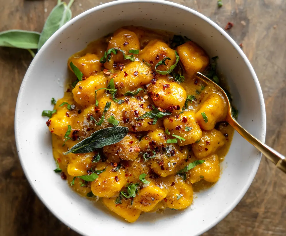 Delicious homemade butternut squash gnocchi served with sage and butter sauce.