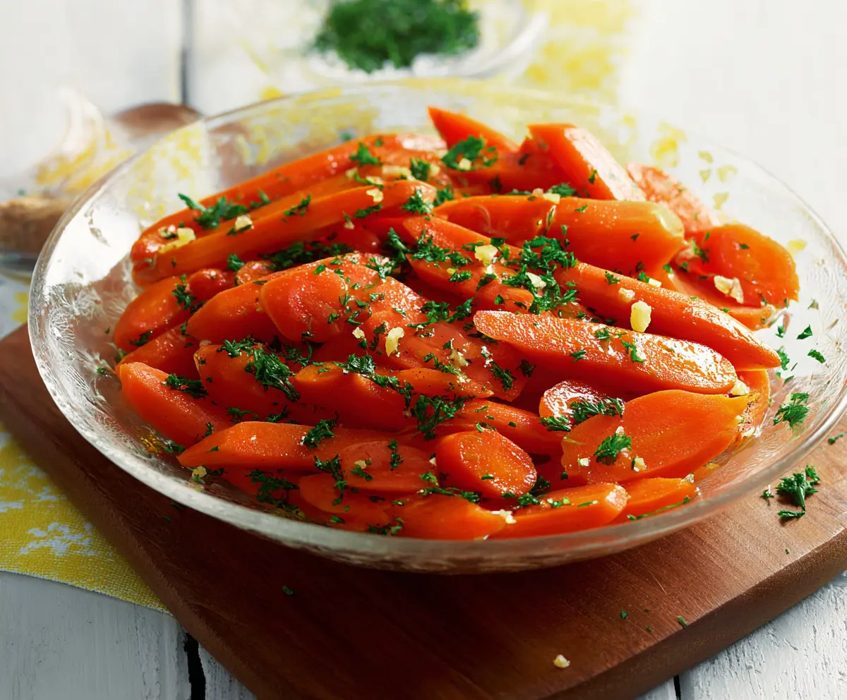 Sweet candied carrots glazed with sugar and spices on a rustic plate.