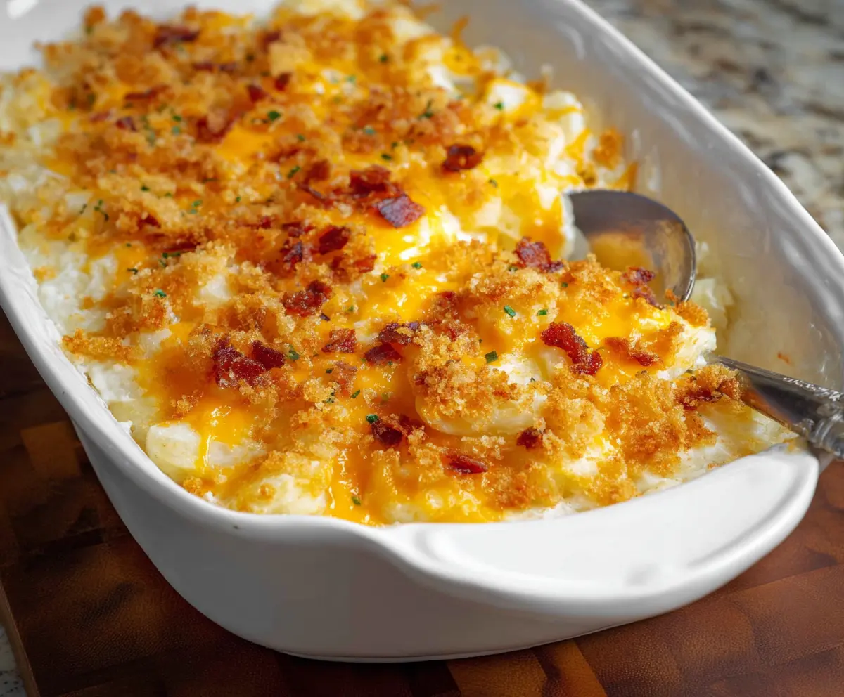 Delicious cheesy baked potato casserole topped with melted cheese and herbs.