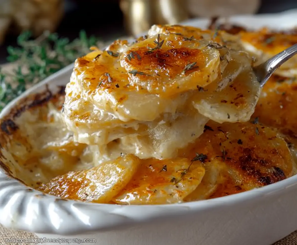 Delicious cheesy garlic scalloped potatoes served on a white plate, showcasing creamy layers topped with golden cheese.