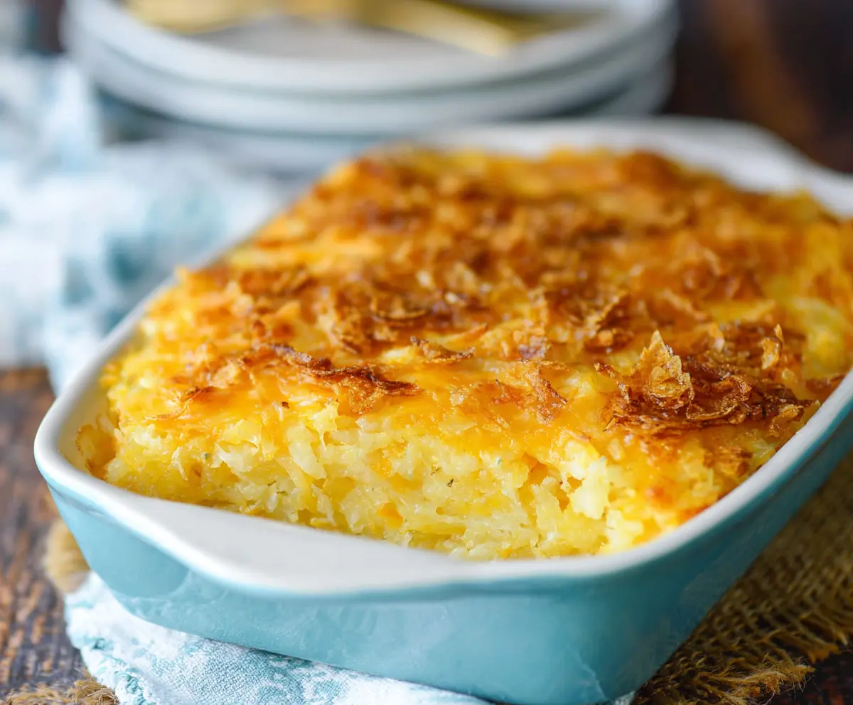 Delicious cheesy hashbrown casserole topped with melted cheese and crispy hashbrowns.