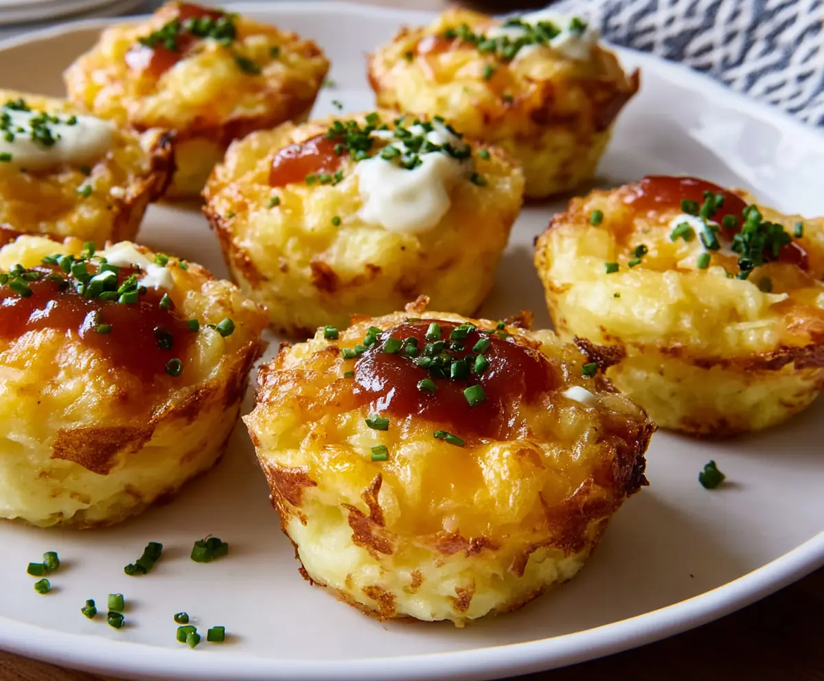 Delicious cheesy mashed potato muffins topped with melted cheese, perfect for a savory snack or side dish.