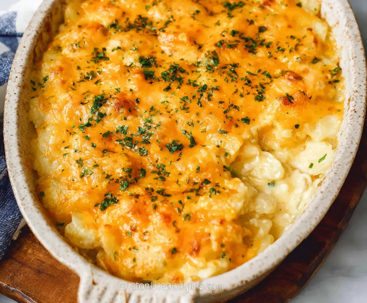 Delicious cheesy potato casserole topped with melted cheese and crispy edges, perfect for a comforting meal.