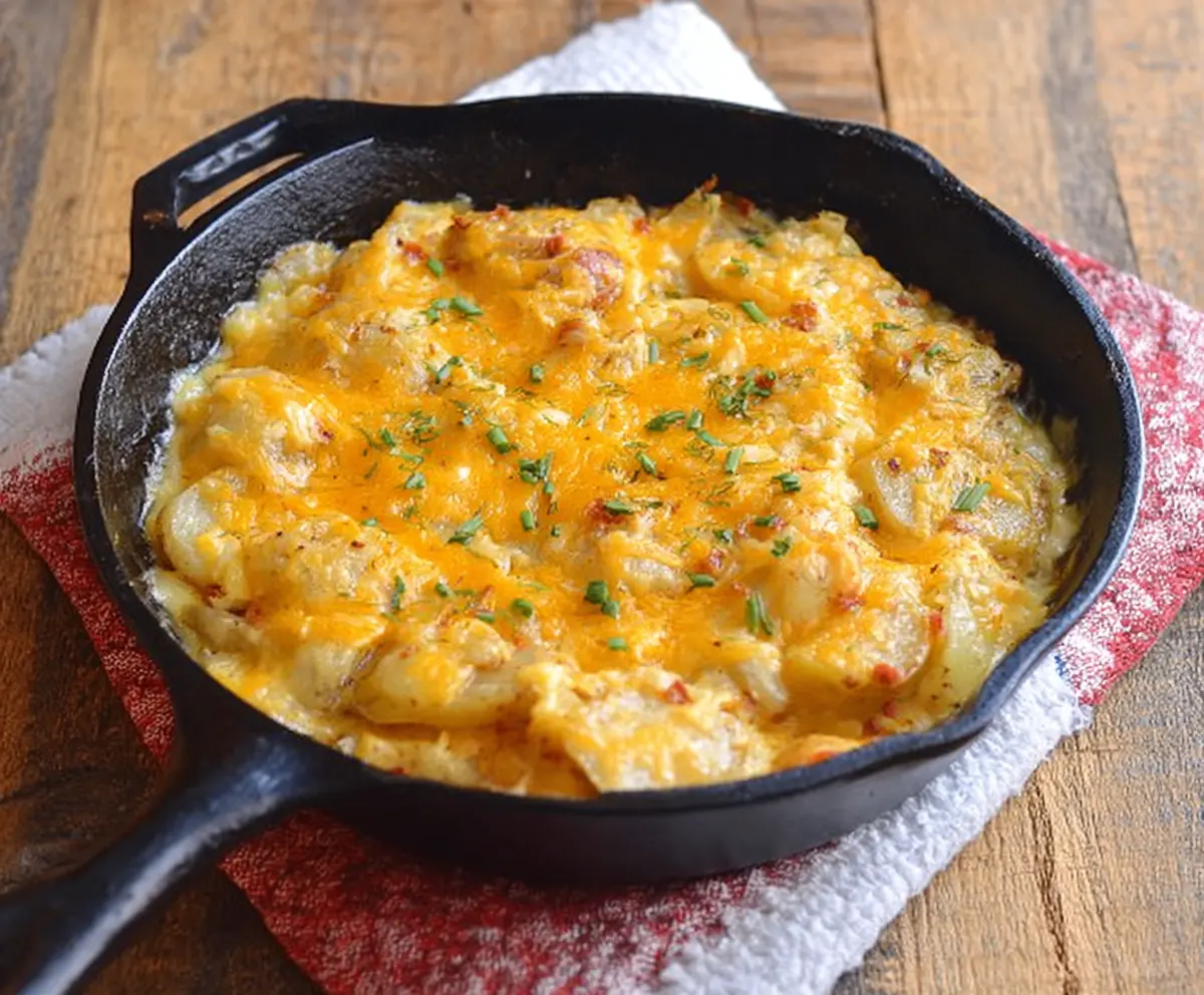 Delicious cheesy potato skillet with melted cheese and crispy potatoes on a plate