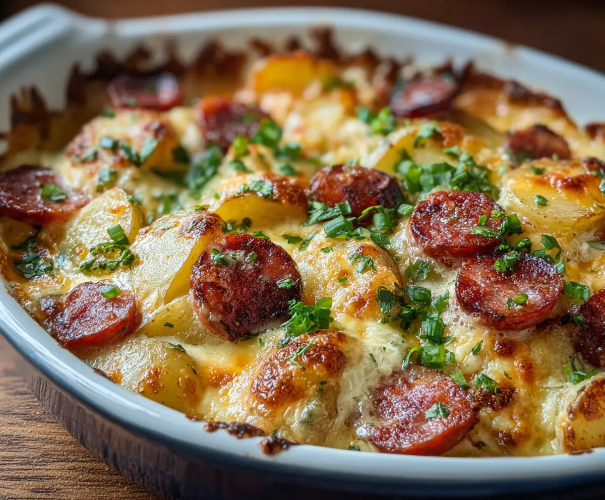 Delicious cheesy ranch potato bake with smoked sausage and melted cheese on top.