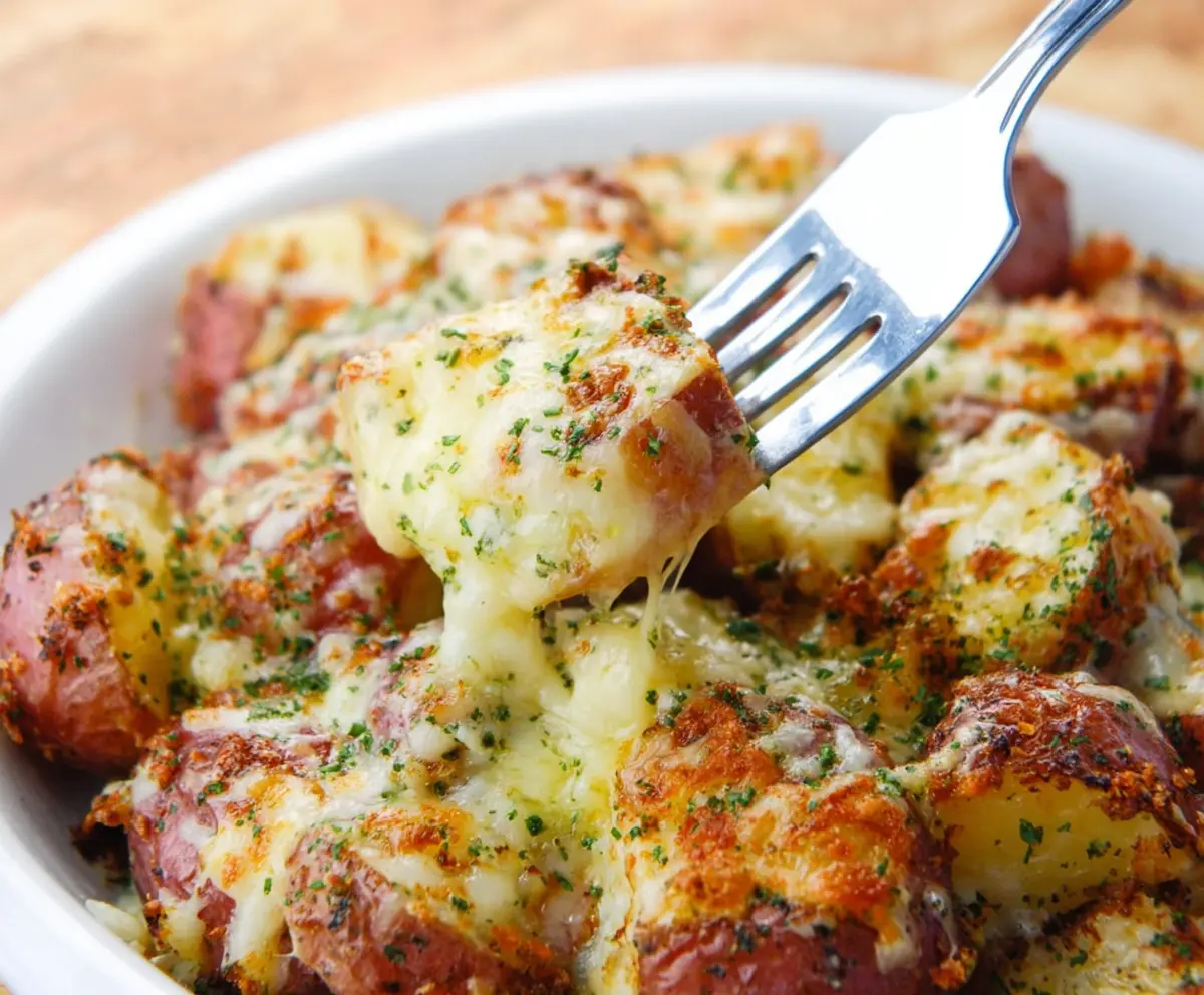 Creamy cheesy red potatoes dish garnished with herbs, perfect for comfort food lovers.