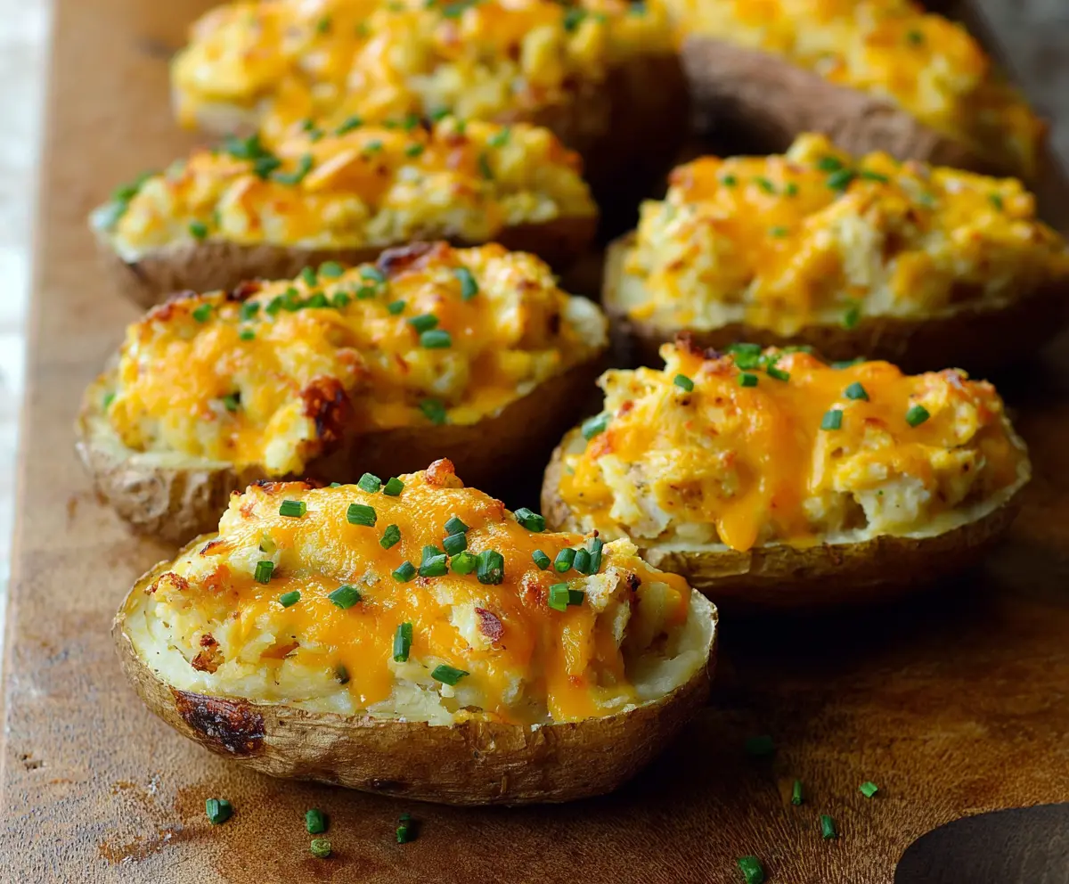 Delicious cheesy twice baked potatoes topped with melted cheese and herbs.