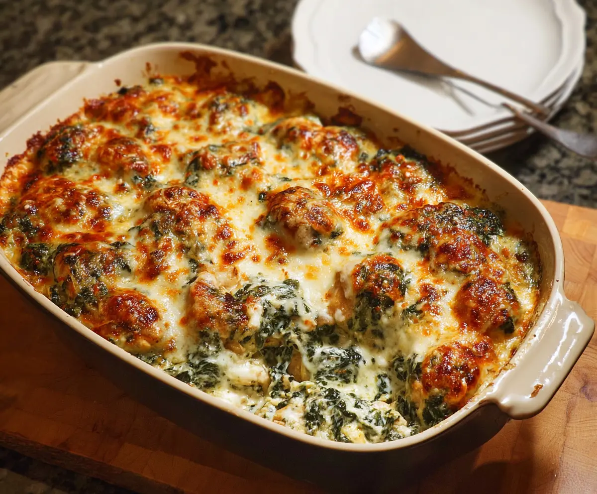 Delicious chicken and spinach casserole baked to perfection, featuring a golden, cheesy crust.