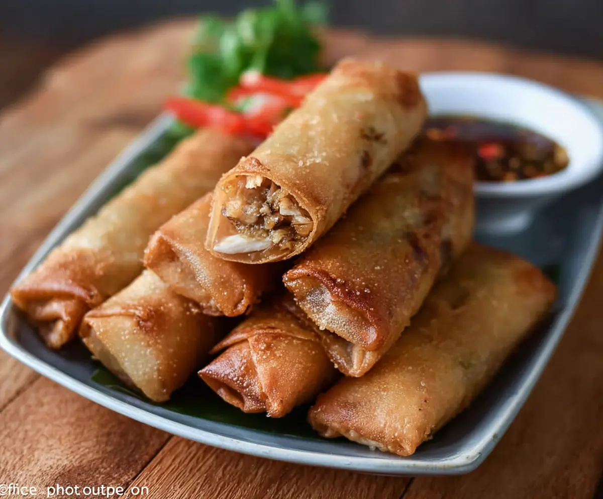 Crispy chicken lumpia served with dipping sauce on a white plate