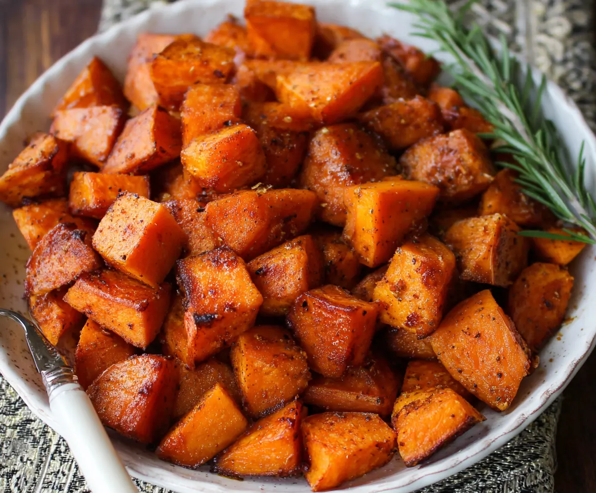 Delicious cinnamon roasted sweet potatoes garnished with cinnamon sticks on a rustic plate.