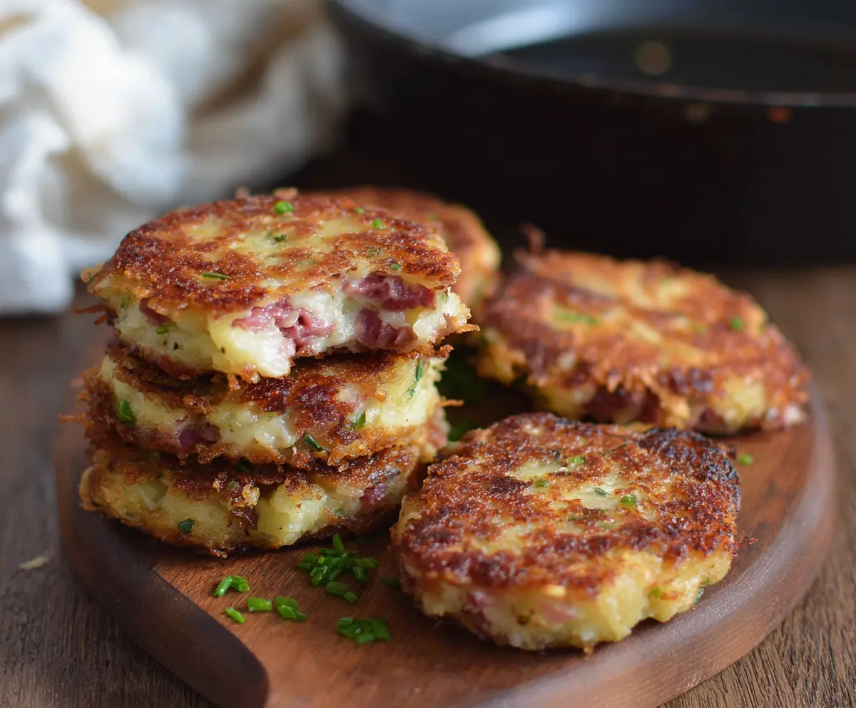 Delicious corned beef and potato cakes served on a plate, perfect for a hearty meal.