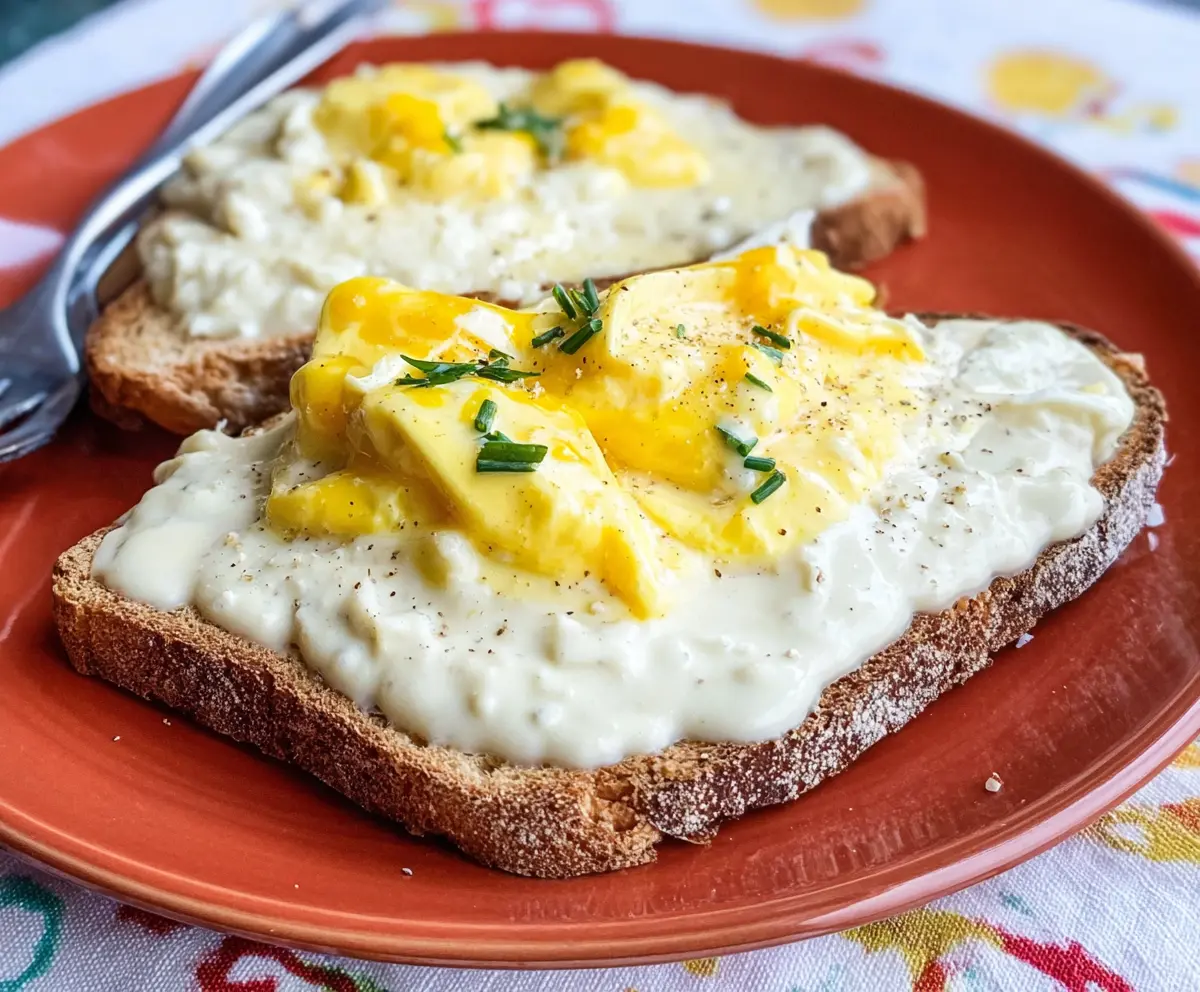 Delicious creamed eggs served on toasted bread for a hearty breakfast