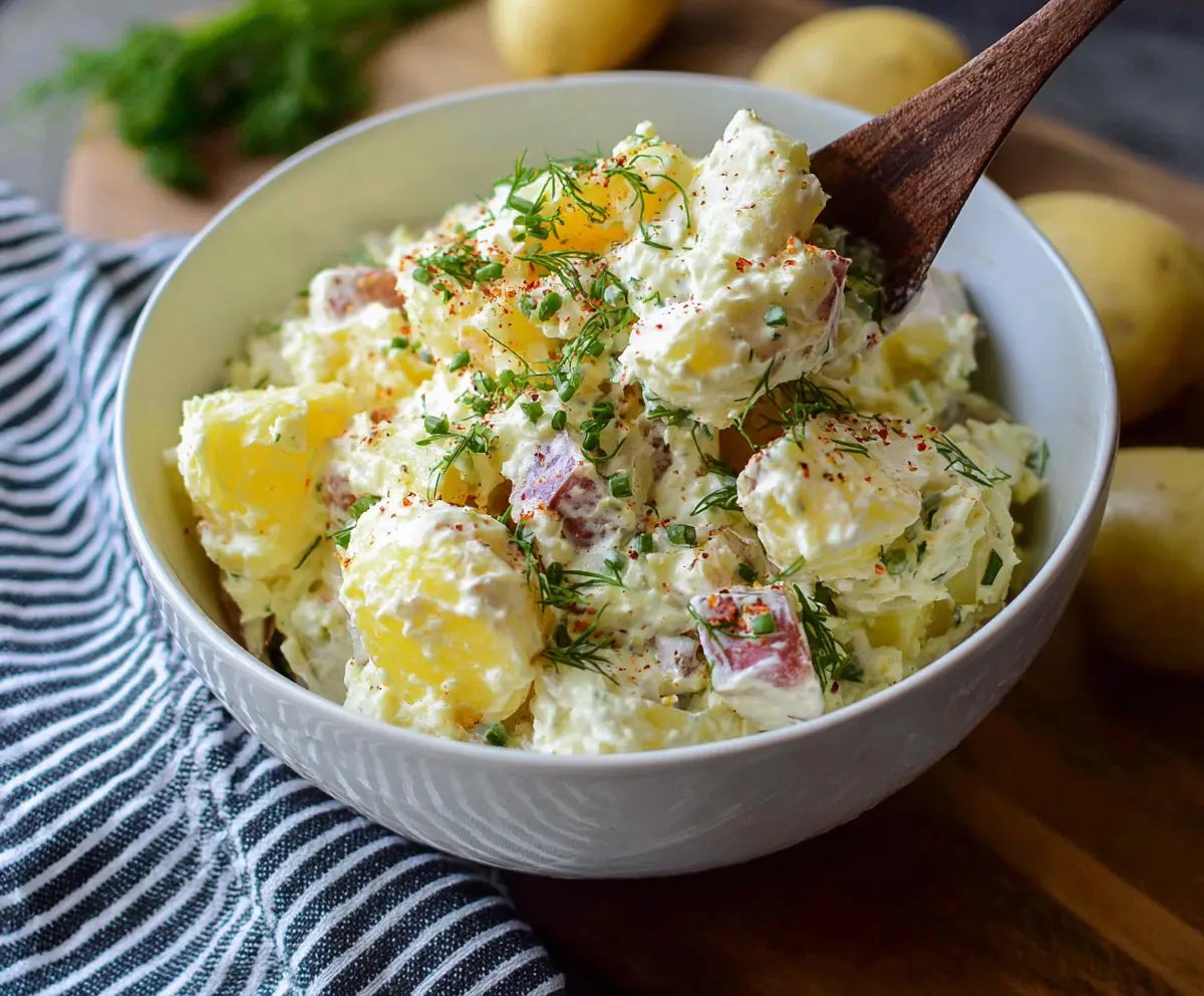 Delicious creamy potato salad garnished with herbs and served in a bowl.