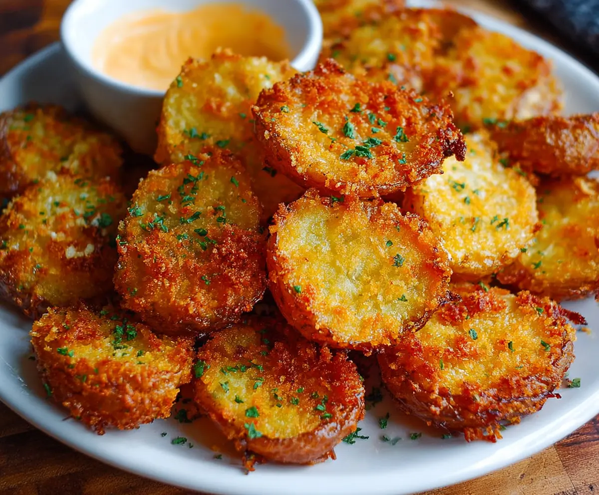 Crispy crunchy Parmesan potatoes served on a plate, showcasing golden-brown and cheesy exterior.