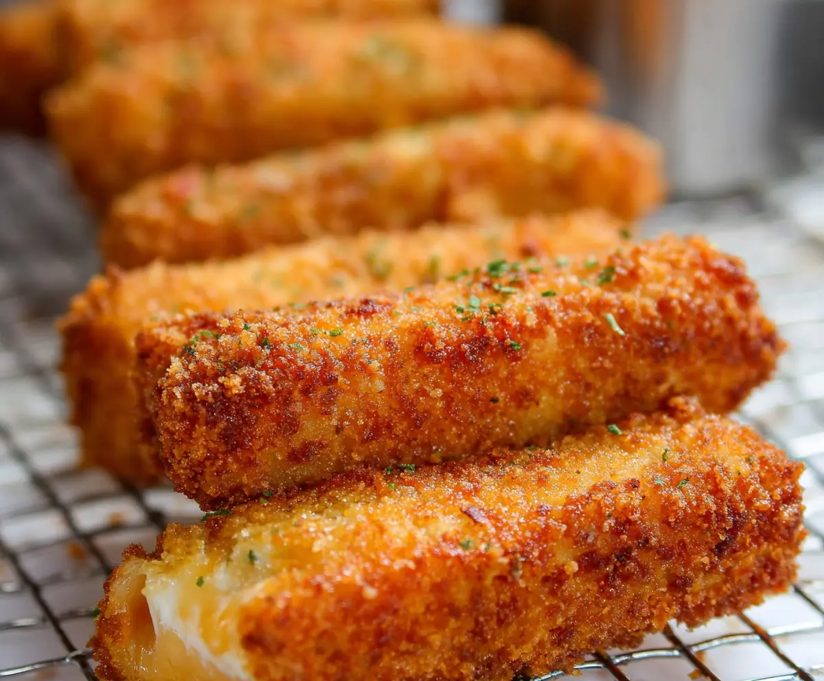 Golden crispy loaded potato cheese sticks with melted cheese and herbs on a white plate.