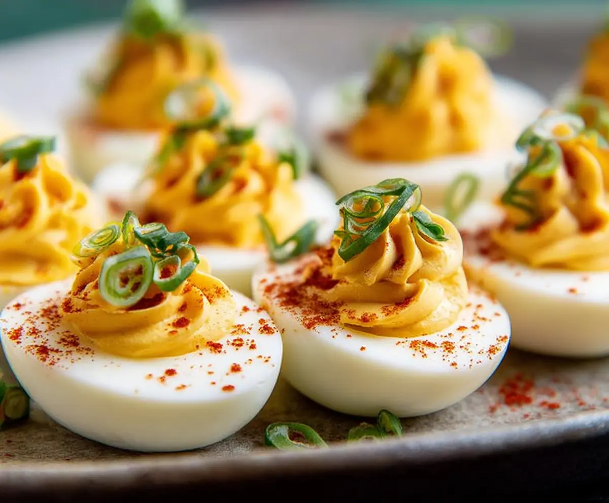 Creamy deviled eggs garnished with paprika and herbs on a white plate, perfect appetizer for parties.