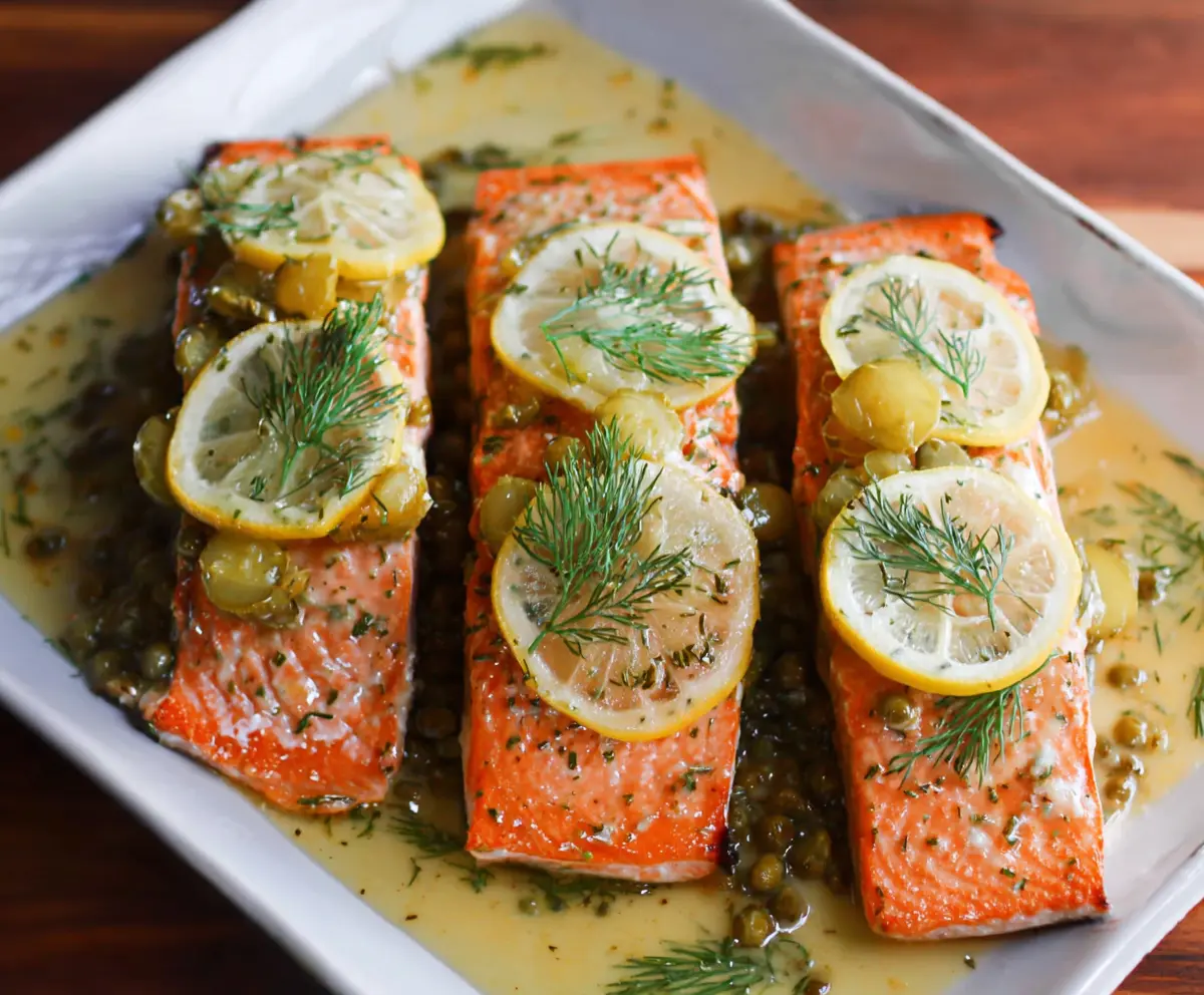 Delicious Dill Pickle Salmon dish garnished with fresh herbs on a white plate